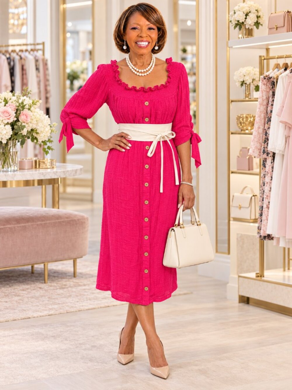 Fuchsia Button-Front Midi Dress Size 16 | Boho Chic Tie Sleeve Flowy Dress